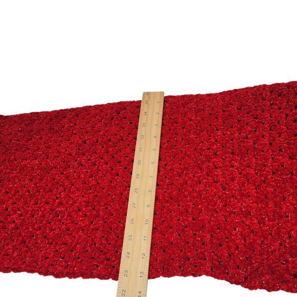 Handmade Red Velvety Smooth Sparkle Crochet Scarf Shawl with Fringe Open Weave - Picture 9 of 9